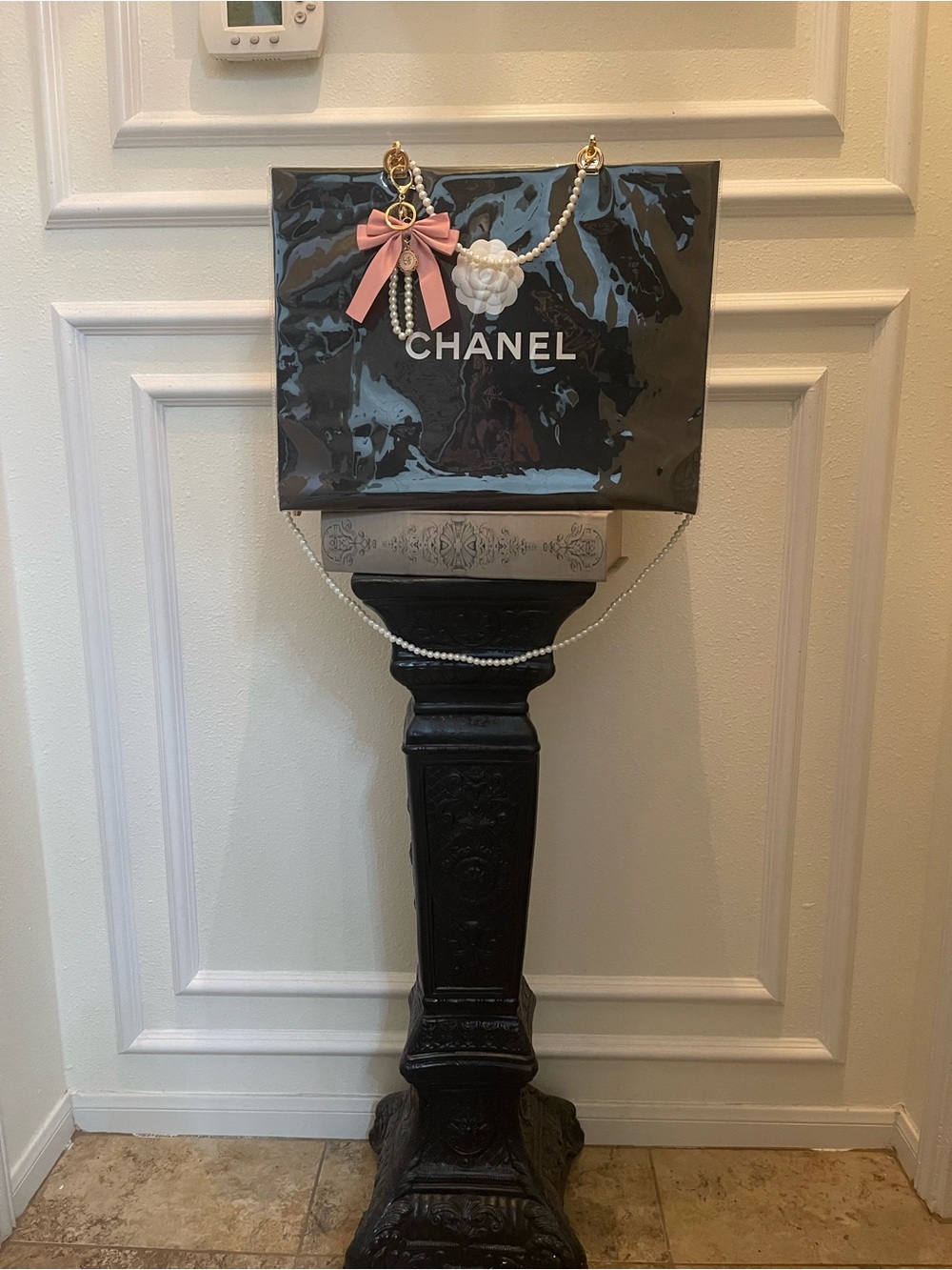 Large Chanel Black PVC Tote with Bow and Pearl Chain